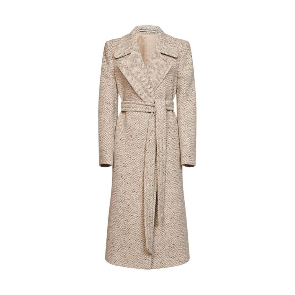 Tagliatore Women Oatmeal Speckled Herringbone Wool Molly Long Belted Coat